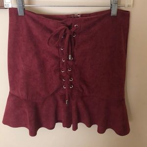 Red suede lace up skirt